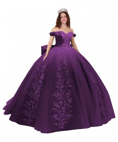 Lace Quinceanera Dresses Ball Gown Puffy Sparkly Tulle 3D Floral Sweet 16 Dresses Off Shoulder Party Gowns Y130 Plum $49.60 D...