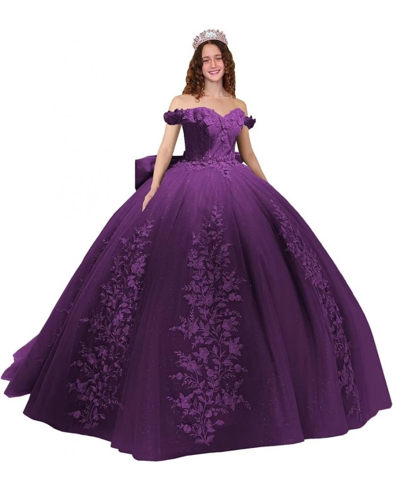 Lace Quinceanera Dresses Ball Gown Puffy Sparkly Tulle 3D Floral Sweet 16 Dresses Off Shoulder Party Gowns Y130 Plum $49.60 D...