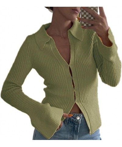 Women's Autumn Slim Knitwear, Solid Color Long Sleeve V-Neck Single Breasted Show Navel Cropped Cardigan 01- Green $9.66 Swea...