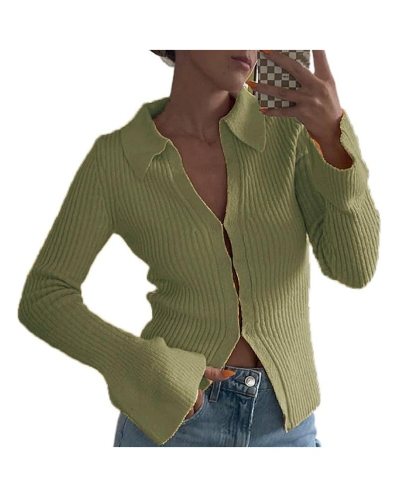 Women's Autumn Slim Knitwear, Solid Color Long Sleeve V-Neck Single Breasted Show Navel Cropped Cardigan 01- Green $9.66 Swea...