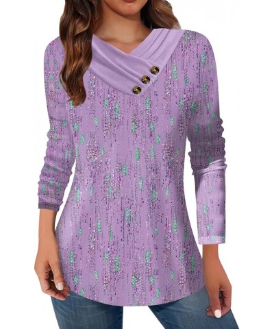 Womens Fall Tops Plus Size Long Sleeve V Neck Shirts Button Down Geometric Patchwork Print Tunic Fashion Tee Blouses Purple-s...