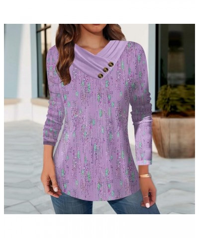 Womens Fall Tops Plus Size Long Sleeve V Neck Shirts Button Down Geometric Patchwork Print Tunic Fashion Tee Blouses Purple-s...