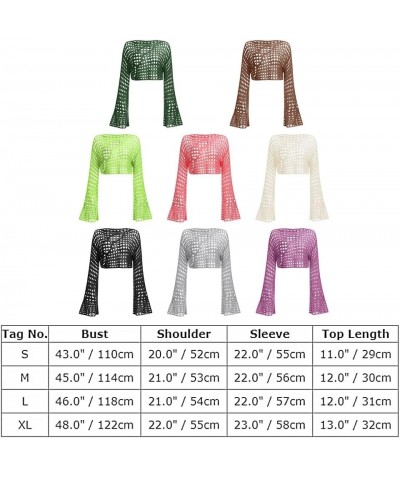 Women Hollow Out Crochet Knit Crop Tops Summer Beach Cover Up Bell Long Sleeve Rave Sweaters Tops Beige $9.87 Swimsuits