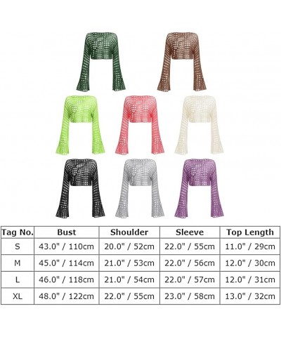 Women Hollow Out Crochet Knit Crop Tops Summer Beach Cover Up Bell Long Sleeve Rave Sweaters Tops Beige $9.87 Swimsuits