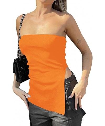 Women Sexy Asymmetrical Split Hem Long Knit Bandeau Tube Top Solid Slim Strapless Sleeveless Knitted Tube Top Shirt Orange $9...