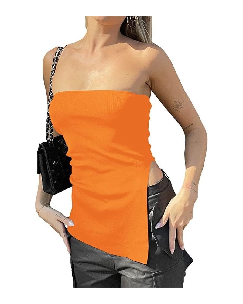 Women Sexy Asymmetrical Split Hem Long Knit Bandeau Tube Top Solid Slim Strapless Sleeveless Knitted Tube Top Shirt Orange $9...