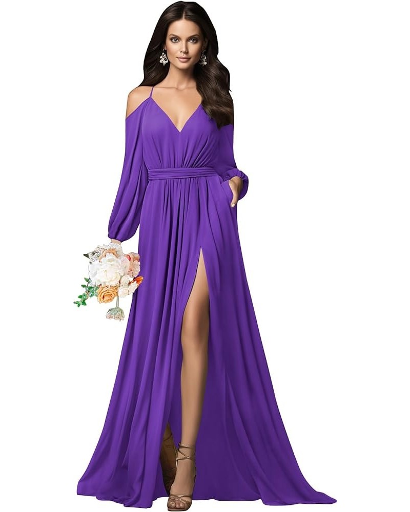 V Neck Long Sleeve Bridesmaid Dresses with Slit Pockets Spaghetti Straps Chiffon Formal Prom Evening Gown Purple $34.44 Dresses