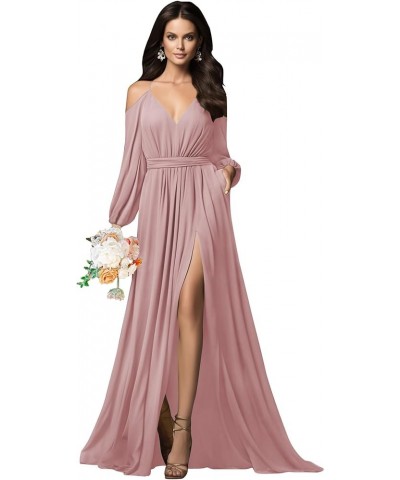 V Neck Long Sleeve Bridesmaid Dresses with Slit Pockets Spaghetti Straps Chiffon Formal Prom Evening Gown Purple $34.44 Dresses