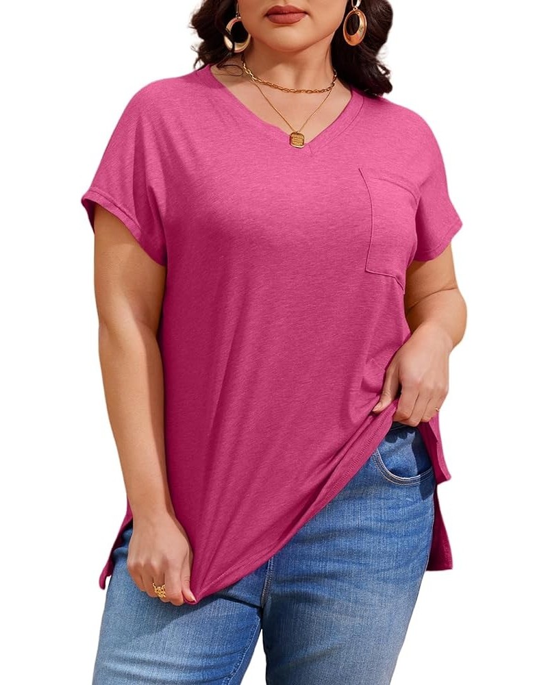 Womens Plus Size T Shirts V Neck Short Sleeve Side Split High Low Tops Casual Summer Loose Fit Tees with Pocket Red $16.79 T-...