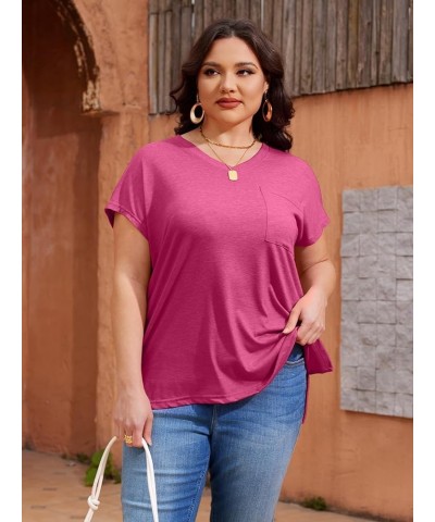 Womens Plus Size T Shirts V Neck Short Sleeve Side Split High Low Tops Casual Summer Loose Fit Tees with Pocket Red $16.79 T-...