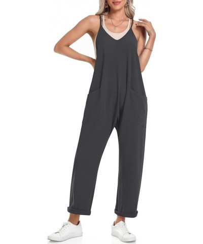 Womens Jumpsuits Casual V Neck Baggy Rompers Sleeveless Loose Adjustable Spaghetti Strap Overalls Jumpers with Pockets Darkgr...