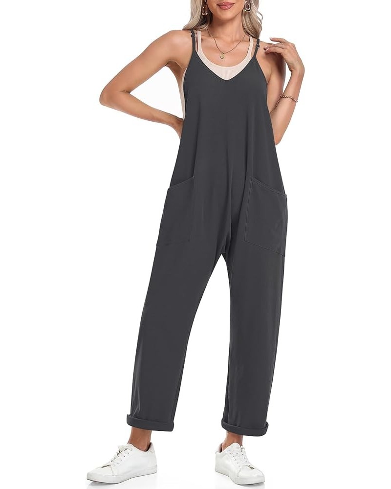 Womens Jumpsuits Casual V Neck Baggy Rompers Sleeveless Loose Adjustable Spaghetti Strap Overalls Jumpers with Pockets Darkgr...