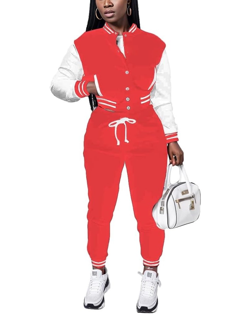 Women's 2 Piece Varsity Outfits - Long Sleeve Jacket Pants Sweatsuit Stylish Baseball Sets for Fall 61-red $22.94 Activewear