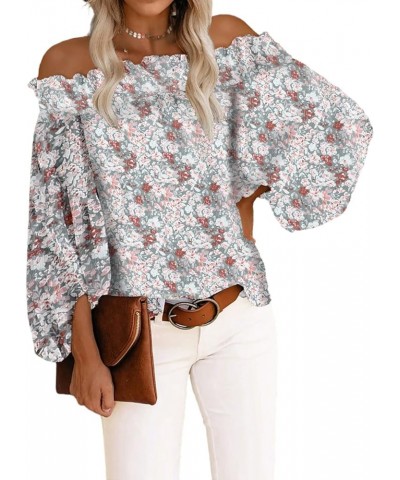 Off The Shoulder Tops for Women Casual Floral Blouses Lantern Sleeves Chiffon Shirt Tops F-floral White $16.95 Rompers