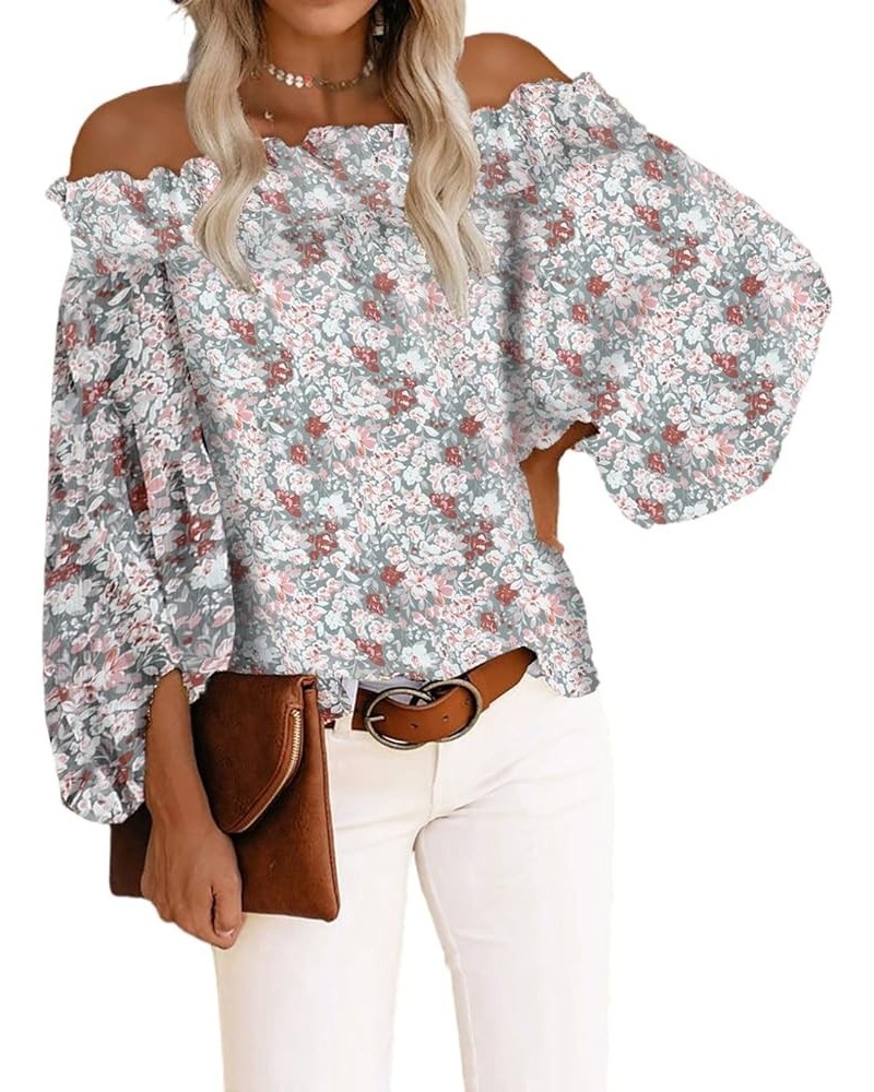 Off The Shoulder Tops for Women Casual Floral Blouses Lantern Sleeves Chiffon Shirt Tops F-floral White $16.95 Rompers