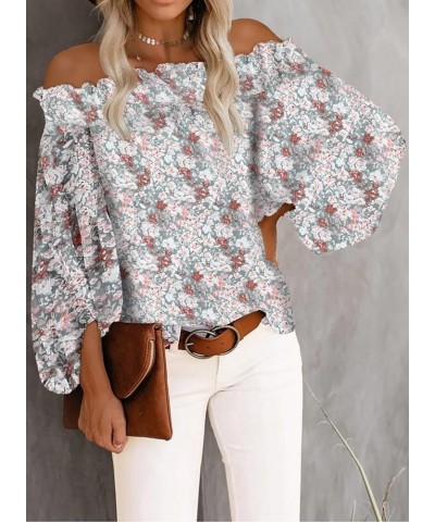 Off The Shoulder Tops for Women Casual Floral Blouses Lantern Sleeves Chiffon Shirt Tops F-floral White $16.95 Rompers