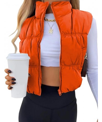 Womens Cropped Puffer Vest Zip Up Stand Collar Lightweight Sleeveless Padded Gilet with Pockets Orange $17.48 Vests