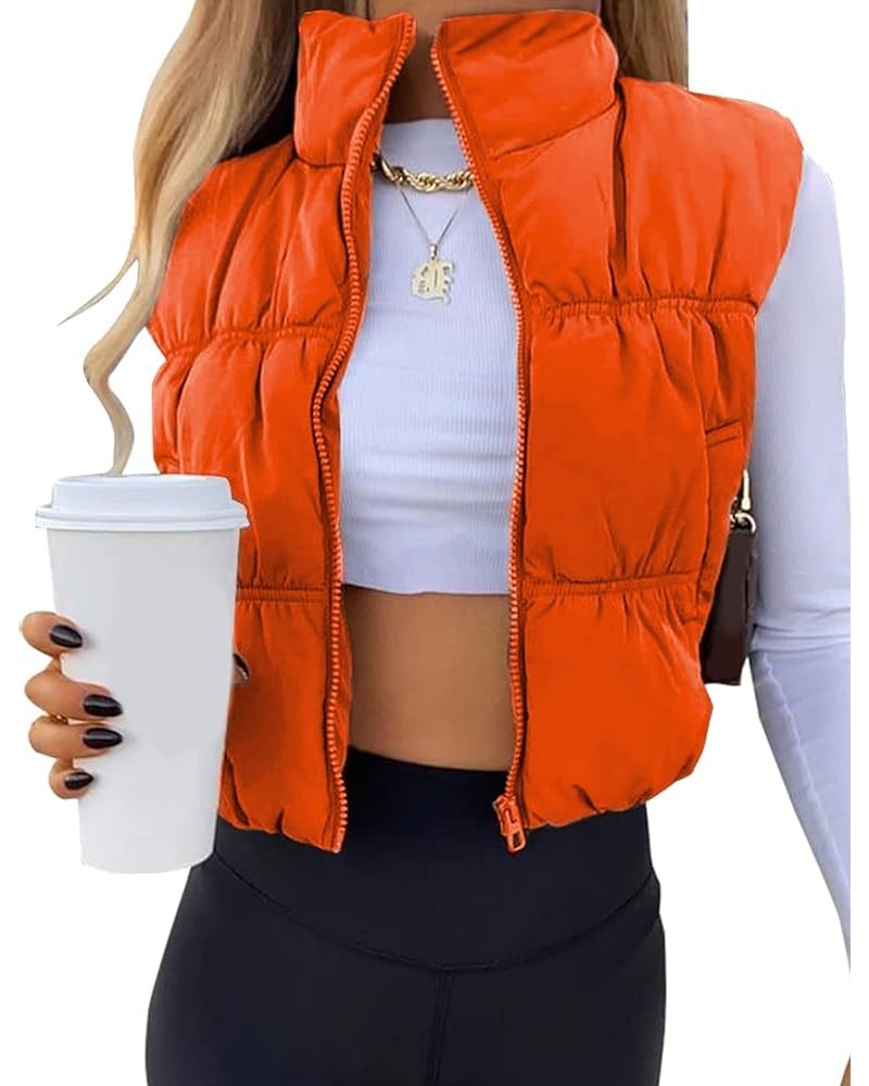 Womens Cropped Puffer Vest Zip Up Stand Collar Lightweight Sleeveless Padded Gilet with Pockets Orange $17.48 Vests