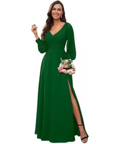 Long Sleeve Bridesmaid Dresses for Wedding Women's V Neck Chiffon Formal Evening Dress with Slit Emerald Green $27.30 Dresses