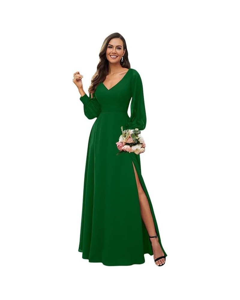 Long Sleeve Bridesmaid Dresses for Wedding Women's V Neck Chiffon Formal Evening Dress with Slit Emerald Green $27.30 Dresses