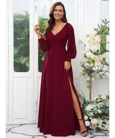 Long Sleeve Bridesmaid Dresses for Wedding Women's V Neck Chiffon Formal Evening Dress with Slit Emerald Green $27.30 Dresses