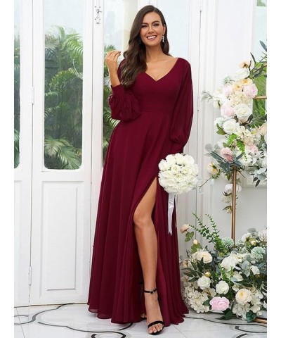 Long Sleeve Bridesmaid Dresses for Wedding Women's V Neck Chiffon Formal Evening Dress with Slit Emerald Green $27.30 Dresses