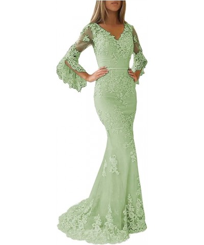 Lace Applique Double V Neck Mermaid Prom Dress Flare Sleeve Evening Gowns for Women Formal Sage $54.72 Dresses