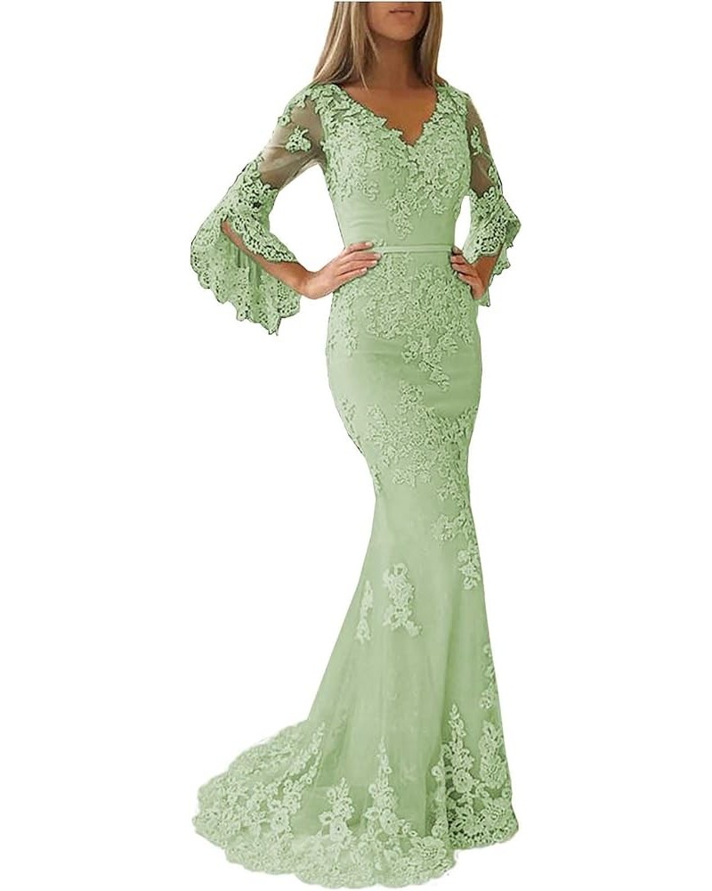 Lace Applique Double V Neck Mermaid Prom Dress Flare Sleeve Evening Gowns for Women Formal Sage $54.72 Dresses