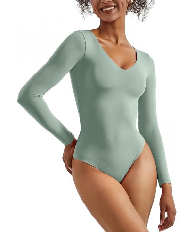 Women V Neck Long Sleeve Bodysuit Sexy Thong Bodysuit Shirts 01 Crab Green $14.70 Bodysuits