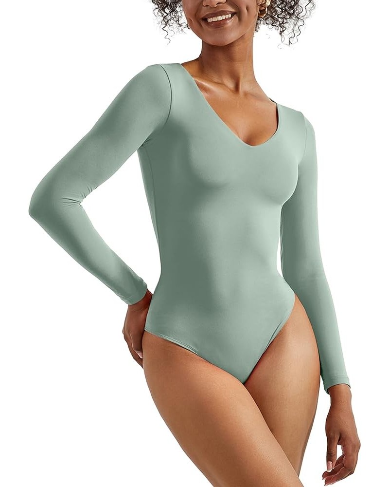 Women V Neck Long Sleeve Bodysuit Sexy Thong Bodysuit Shirts 01 Crab Green $14.70 Bodysuits