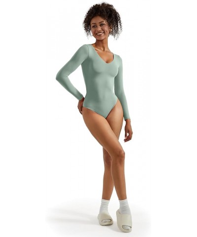 Women V Neck Long Sleeve Bodysuit Sexy Thong Bodysuit Shirts 01 Crab Green $14.70 Bodysuits