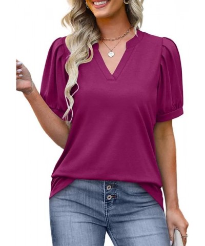 Summer Women's Pleated Puff Sleeve Tops Casual V Neck T Shirts Loose Blouses Dressy Medium Rose Red $14.81 Tops