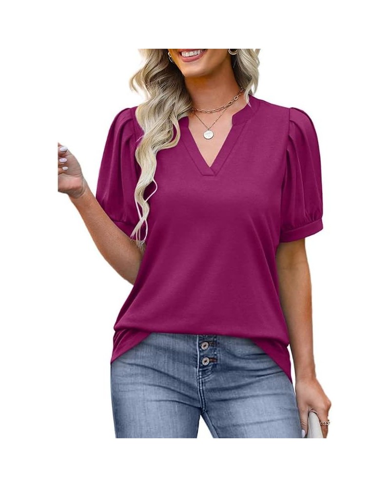 Summer Women's Pleated Puff Sleeve Tops Casual V Neck T Shirts Loose Blouses Dressy Medium Rose Red $14.81 Tops