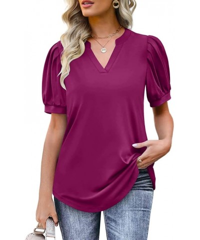 Summer Women's Pleated Puff Sleeve Tops Casual V Neck T Shirts Loose Blouses Dressy Medium Rose Red $14.81 Tops