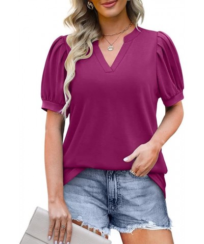 Summer Women's Pleated Puff Sleeve Tops Casual V Neck T Shirts Loose Blouses Dressy Medium Rose Red $14.81 Tops