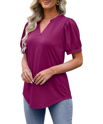 Summer Women's Pleated Puff Sleeve Tops Casual V Neck T Shirts Loose Blouses Dressy Medium Rose Red $14.81 Tops