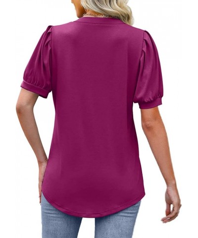 Summer Women's Pleated Puff Sleeve Tops Casual V Neck T Shirts Loose Blouses Dressy Medium Rose Red $14.81 Tops