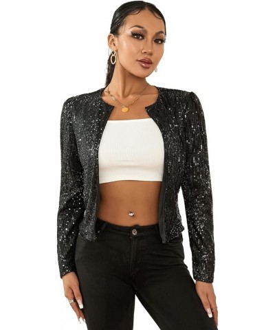 Women Sequin Jacket Lightweight Open Front Shiny Blazer Party Night Concert Long Sleeve Sparkly Cardigan Shrug Black $9.42 Bl...