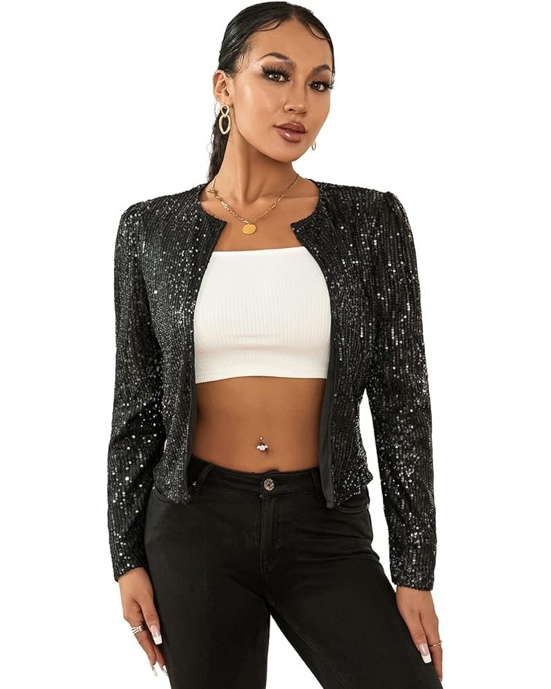 Women Sequin Jacket Lightweight Open Front Shiny Blazer Party Night Concert Long Sleeve Sparkly Cardigan Shrug Black $9.42 Bl...