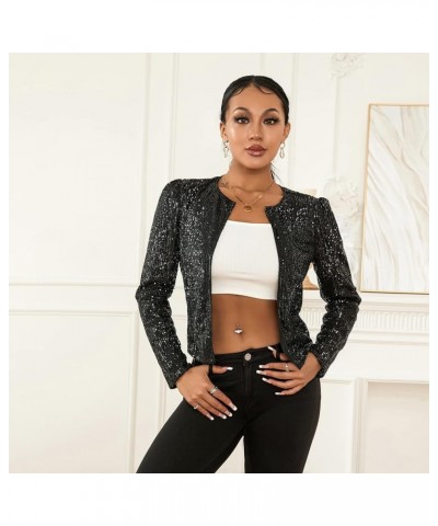 Women Sequin Jacket Lightweight Open Front Shiny Blazer Party Night Concert Long Sleeve Sparkly Cardigan Shrug Black $9.42 Bl...