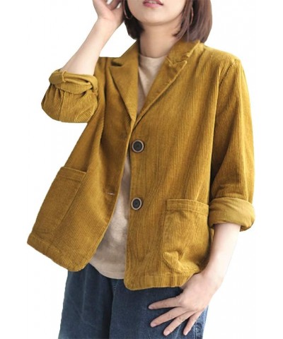 Women's Vintage Corduroy Long Sleeves Work Blazer Jacket Suit Yellow $19.76 Blazers