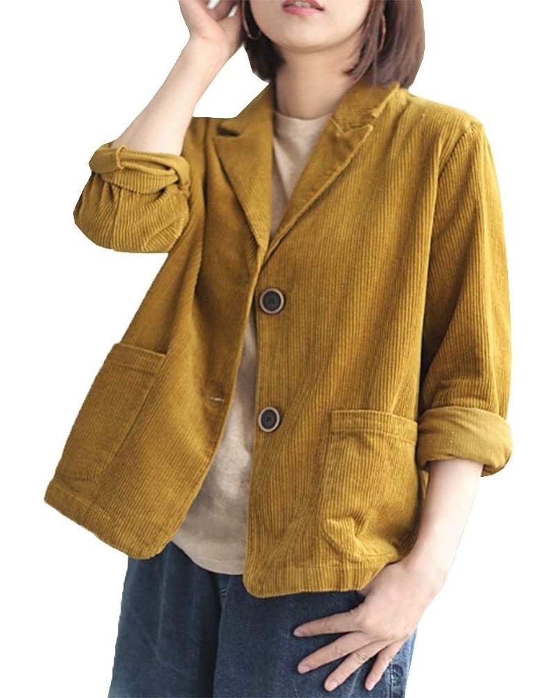 Women's Vintage Corduroy Long Sleeves Work Blazer Jacket Suit Yellow $19.76 Blazers