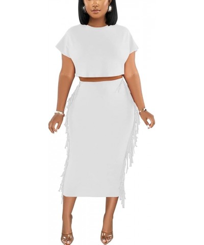 Sexy Summer Two Piece Outfits for Women Bodycon Club Dresses Tassel Ruched Crop Tops Cocktail Party Midi Skirt Set Z-white $2...