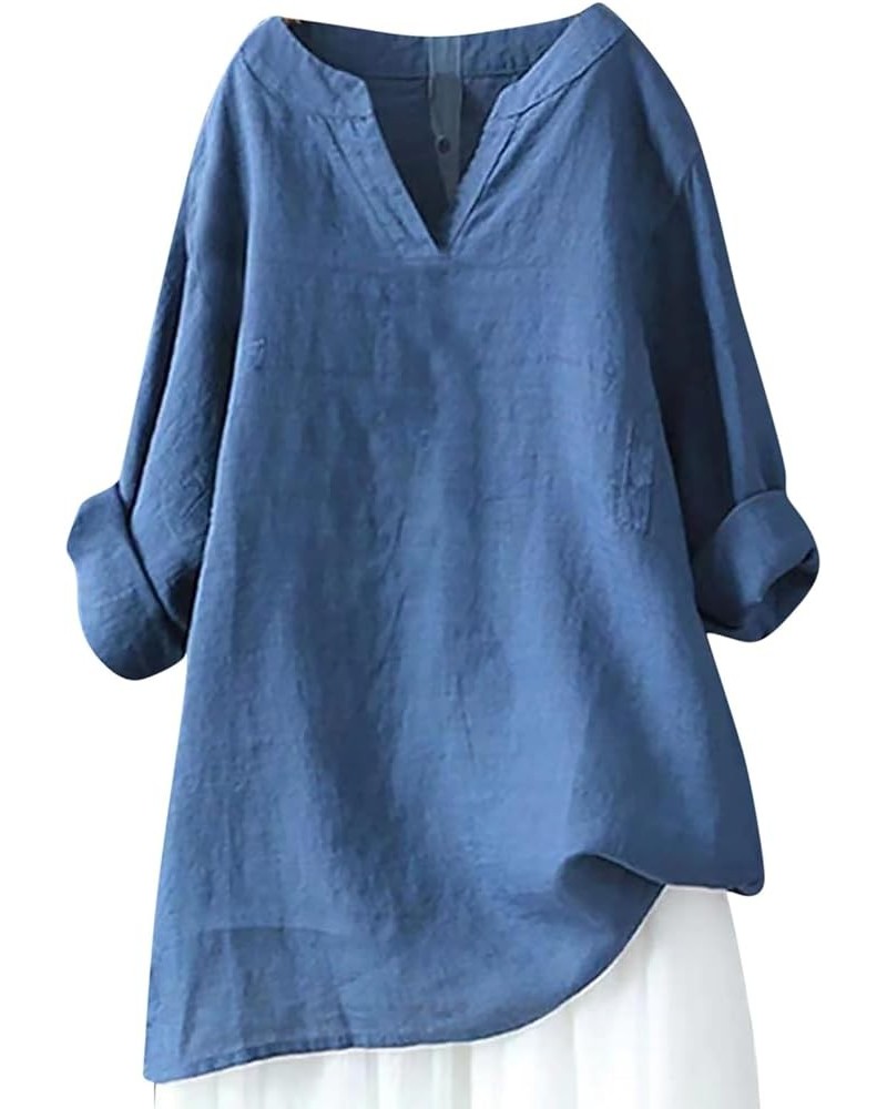 Women Tops Summer 2023 Cotton Linen Tunic Shirt Causal Loose Half Sleeve V Neck Blouses Boho Trendy Clothing J04-light Blue $...