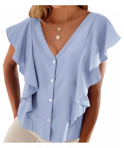 Women's 2024 Summer Cute Tops Ruffle Cap Sleeve V Neck Loose Fit Blouses Dressy Casual Fashion Ladies Shirts Light Blue $14.4...