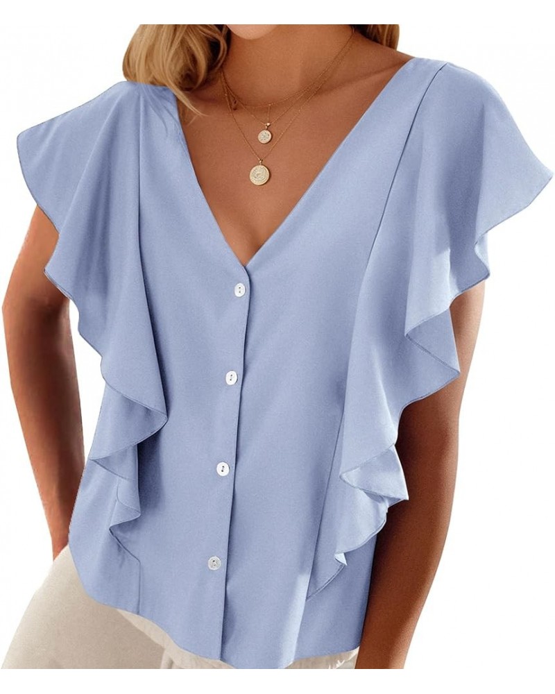 Women's 2024 Summer Cute Tops Ruffle Cap Sleeve V Neck Loose Fit Blouses Dressy Casual Fashion Ladies Shirts Light Blue $14.4...