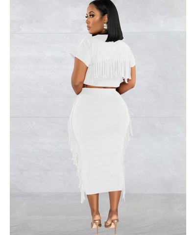 Sexy Summer Two Piece Outfits for Women Bodycon Club Dresses Tassel Ruched Crop Tops Cocktail Party Midi Skirt Set Z-white $2...