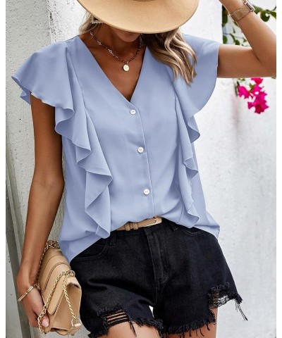 Women's 2024 Summer Cute Tops Ruffle Cap Sleeve V Neck Loose Fit Blouses Dressy Casual Fashion Ladies Shirts Light Blue $14.4...