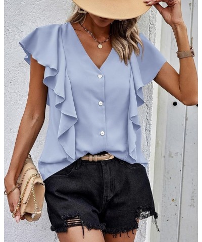 Women's 2024 Summer Cute Tops Ruffle Cap Sleeve V Neck Loose Fit Blouses Dressy Casual Fashion Ladies Shirts Light Blue $14.4...