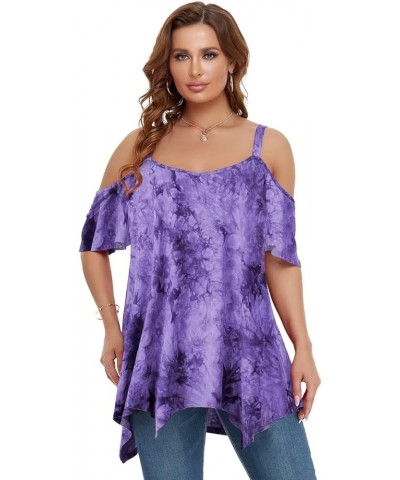 Cold Shoulder Tops for Womens Summer Clothes Spaghetti Strape Tunic Oversized Shirts Asymmetrical Plus Size Blouse B-purple $...